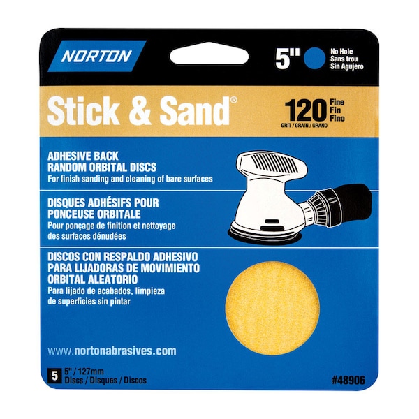 Norton Abrasives Norton Stick & Sand 5 in. Aluminum Oxide Adhesive A290 Sanding Disc 120 Grit Medium 5 pk 7660705454 - main